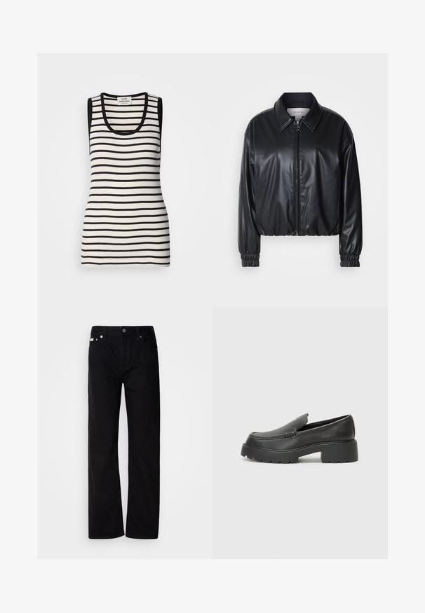 Musta lyhyt nahkatakki, jossa on vetoketjukiinnitys, terävä kaulus ja joustavat hihansuut. Rinnassa on minimaalinen brändäys.; Hihaton tank-top, jossa on musta-valkoiset vaakasuorat raidat, ribbikuvio ja pyöreä kaula-aukko. Mustat kanttaukset olkapäissä ja kaula-aukossa.; Mustat farkkusuorat housut, joissa on viisi taskua, hopeiset niitit ja nappisuljenta. Kangas on sileä, hieman teksturoitu pinta.; Musta nahkakengät, joissa on pyöristetty kärki, paksu teksturoitu pohja ja vähäiset ompeluyksityiskohdat. Tyylikäs muotoilu, jossa ei ole näkyviä nauhoja tai metalliosia.