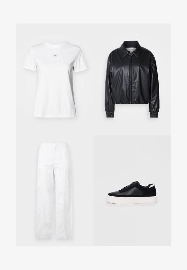 Giacca nera corta in ecopelle con zip frontale, colletto a punta e polsini elastici. Presenta una grafica minimalista sul petto.; T-shirt bianca in cotone con colletto rotondo e maniche corte, dotata di un piccolo logo ricamato in beige e rosso sul petto.; Pantaloni bianchi a gamba larga realizzati in tessuto leggero, con una texture liscia, linee pulite e un design a vita alta.; Sneaker nera con pannelli in pelle liscia e suede, lacci piatti, punta arrotondata e suola in gomma bianca. Logo distintivo sul tallone.