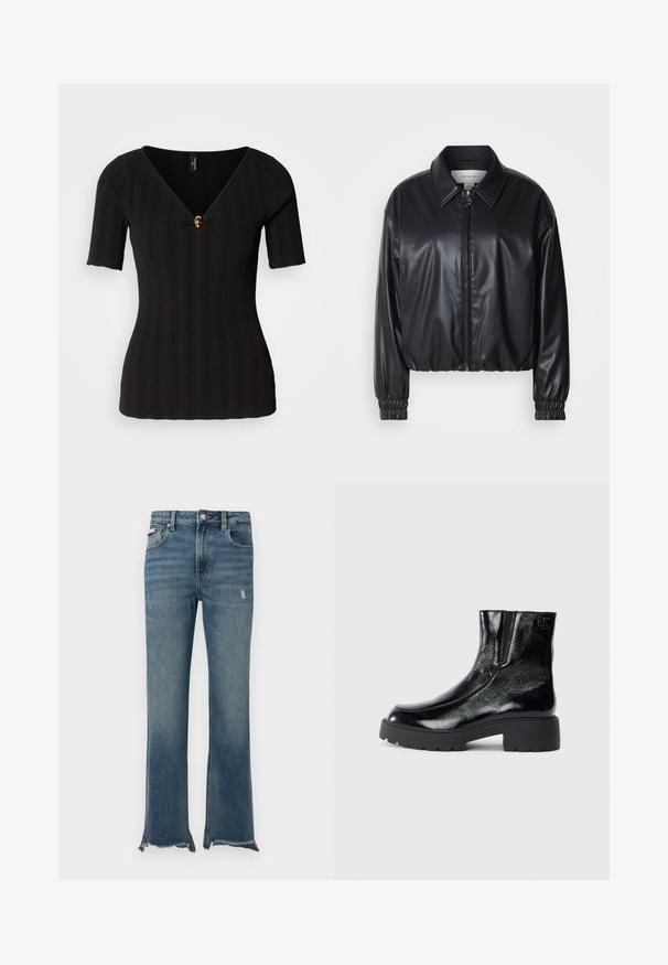 Svart cropped jakke i faux skinn med glidelås foran, spiss krage og elastiske mansjetter. Har minimal merkevareprofil på brystet.; Svart ribbestrikket topp med korte ermer, dyp V-hals og en dekorativ gyllen knapp i midten; figurnær design.; Blå denimjeans med lett slitasje, rå frynsete kanter, frontlommer, beltestropper og knappelukking.; Svarte ankelstøvler med en blank lakkfinish, kraftig svart gummisåle og hevet hæl; inkluderer subtile logo-detaljer på siden.