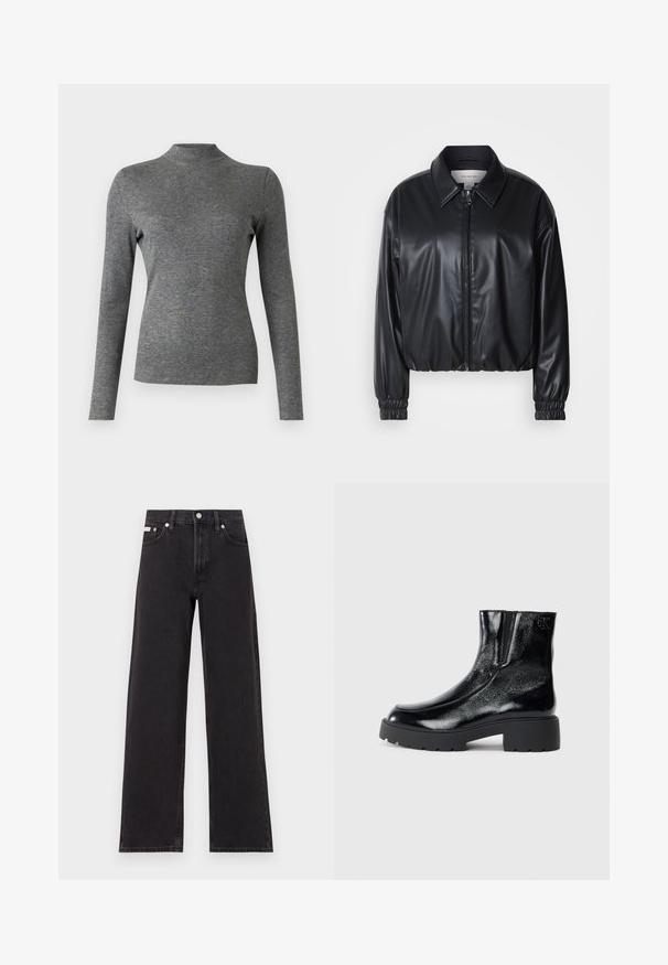 Černá zkrácená bunda z umělé kůže se zipem vpředu, špičatým límcem a elastickými manžetami. Obsahuje minimální branding na hrudi.; Šedé dlouhé rukávy s rolákem vyrobené z měkkého a pružného materiálu s upnutým střihem a hladkou texturou. Bez viditelných vzorů nebo akcentů.; Černé široké jeansy vyrobené z denimu, s vysokým pasem, pěti kapsami a kovovým zapínáním s kontrastním prošíváním.; Černé kotníkové boty s lesklým lakovaným povrchem, robustní černou gumovou podešví a zvýšeným podpatkem; obsahují jemný logo detail na boku.