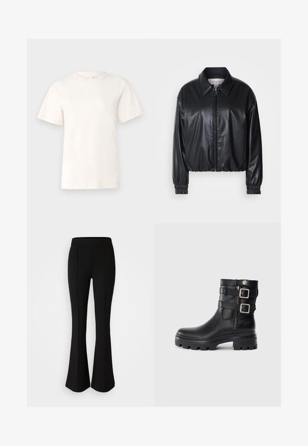 Musta lyhyt nahkatakki, jossa on vetoketjukiinnitys, terävä kaulus ja joustavat hihansuut. Rinnassa on minimaalinen brändäys.; Calvin Klein HERO LOGO REGULAR - Printtipaita - dew; Mustat levenevät housut, jotka on valmistettu joustavasta materiaalista, jossa on sileä pinta. Housuissa on saumurivia etupuolella lisäsuunnittelua varten.; Musta nahkainen nilkkabootsi, jossa on tupla-solkiakselit, vetoketjusulku, paksu pohja ja sileä pinta. Ominaisuuksiin kuuluu kestävä ja tyylikäs muotoilu.