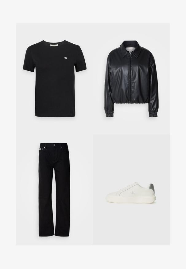 Svart cropped jakke i faux skinn med glidelås foran, spiss krage og elastiske mansjetter. Har minimal merkevareprofil på brystet.; Svart bomull t-skjorte med klassisk rund hals, korte ermer og en liten hvit brodert "ck"-logo på brystet.; Svart denim rettfittede bukser med fem lommer, sølvnitter og knappestolpe. Stoffet har en glatt, lett teksturert overflate.; Hvit sneaker laget av lær med en jevn tekstur, med en sølv aksent på hælen, flat såle og minimalistisk design.
