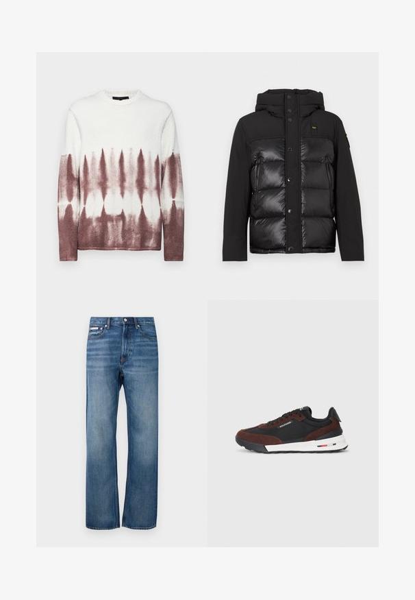 Schwarze Steppjacke mit Kapuze, vorderen Druckknöpfen und einer Mischung aus matten und glänzenden Texturen. Verfügt über eine seitliche Reißverschlusstasche und ein Logo-Patch.; Fleece-Pullover mit Rundhalsausschnitt, der ein Batikmuster zeigt, das oben in Weiß und unten in Burgunderrot übergeht. Weiche Textur.; Blaue gerade Denim-Jeans mit leichter Ausbleichung, vorderem Knopfverschluss und einem kleinen Logotag auf der rechten Vordertasche.; Tommy Hilfiger RETRO RUNNER MIX - Sneaker low - black/cocoa