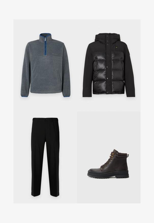 Mustan untuvaparka, jossa on huppu, edessä napit ja yhdistelmä mattapintaisia ja kiiltäviä tekstuureja. Mukana vetoketjullinen sivutasku ja logopatch.; Harmaa fleece-poolo, jossa on puolivetoketjukaulus, siniset yksityiskohdat vetoketjussa ja hihansuissa sekä etutasku. Pehmeä rakenne, rento istuvuus.; Mustat housut sileästä kankaasta, suora malli, kaksi etutaskua sekä vetoketjulla ja napilla varustettu etulukitus.; Ruske nahkasaappaat ovat pyöreäkärkiset, teksturoitu yläosa, kultaiset metalliset silmukat ja paksu musta kumipohja, joka tarjoaa pitoa.