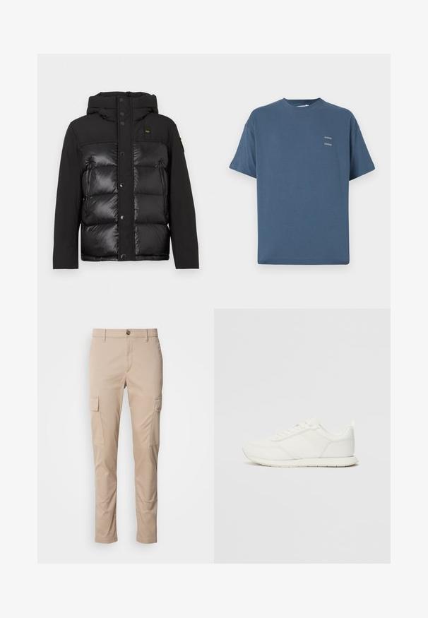 Must devant jacket, mille mustlõhenen, esihovol vähk tühikolade haarnahaga mörders välist. Ühed zipskad külgpuhkuste ja logo plekk.; Sinine puuvillane T-särk klassikalise ümmarguse kaelusega, lühikeste varrukatega, vabalt istuv ning kahel väikesel prinditud logol rinnal. Sile tekstuur.; Beežid cargo püksid kahe külgtaskuga, slim fit, valmistatud kergest kangast, ees nupuga kinnitamine ja vööaugud.; Valged tennisesid, millel on võrgust ja sünteetilisest materjalist ülemine osa, ümar varvas, lamedad paelad ja tekstureeritud külgmine triip. Kummist tallaosa, tagaküljel tõmbetab.