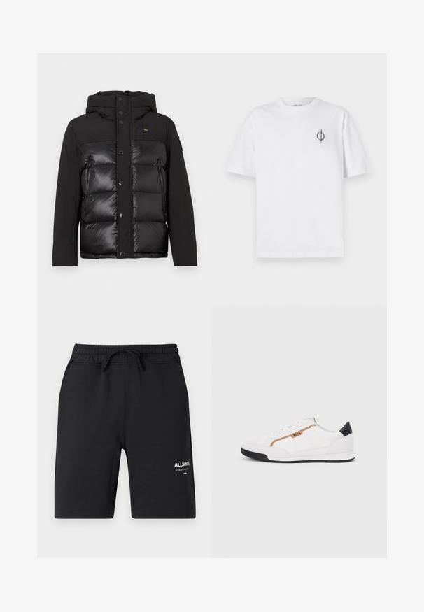 Juodas pūkinis švarkas su kapišonu, priekiniais spaudėmis ir matinių bei blizgių tekstūrų deriniu. Įtraukti užtrauktukinė šoninė kišenė ir logotipo insignija.; Balta medvilninė marškinė su laisvu siluetu, su mažą juodą grafiką logotipą kairėje krūtinės pusėje. Trumpomis rankovėmis, apvaliu kaklu.; Juodi medvilniniai šortai su elastinga juosta, raišteliu ir baltu logotipo akcentu. Lygus audinys ir kelio ilgio dizainas.; Balti sportiniai bateliai su tinklinėmis ir odinėmis detalėmis. Yra auksinė "BOSS" logotipas, tekstūruoti šonai ir juodas kulno dangtelis. Guminis padas.