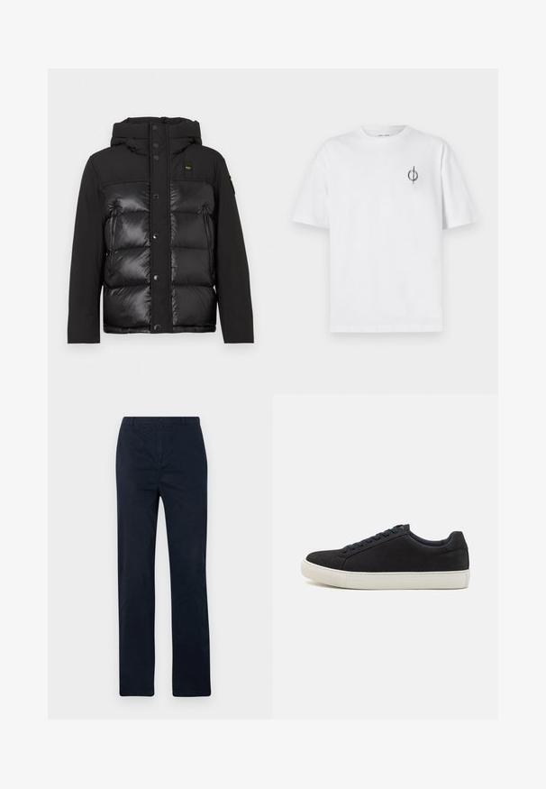 Juodas pūkinis švarkas su kapišonu, priekiniais spaudėmis ir matinių bei blizgių tekstūrų deriniu. Įtraukti užtrauktukinė šoninė kišenė ir logotipo insignija.; Balta medvilninė marškinė su laisvu siluetu, su mažą juodą grafiką logotipą kairėje krūtinės pusėje. Trumpomis rankovėmis, apvaliu kaklu.; Tamsiai mėlynos medvilninės kelnės, turinčios tiesaus kirpimo dizainą, priekinį mygtuko užsegimą ir be matomų raštų ar akcentų.; Juodas zomšinės sportbačiai su apvaliu nosiu, balta guma padais, kontrastingais mėlynais raišteliais ir lygia tekstūra. Minimalistinis dizainas be matomo logotipo.