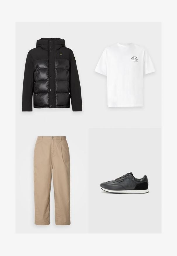 Čierna páperová bunda s kapucňou, prednými cvokmi a kombináciou matných a lesklých textúr. Obsahuje postrannú vrecko na zips a nášivku s logom.; Biela bavlnená tričko s krátkymi rukávmi a okrúhlym výstrihom, s čiernym logom CK na ľavej strane hrude, štandardná veľkosť, hladká textúra.; Béžové, ľahké bavlnené nohavice s plisovaným predným dielom, zapínaním na gombík a rovnými nohavicami, s hladkou textúrou a bez viditeľných vzorov.; Čierne športové tenisky s koženým zvrškom a perforovanými detailmi, zamšovými akcentmi a bielou gumovou podrážkou. Klasický dizajn na šnurovanie.