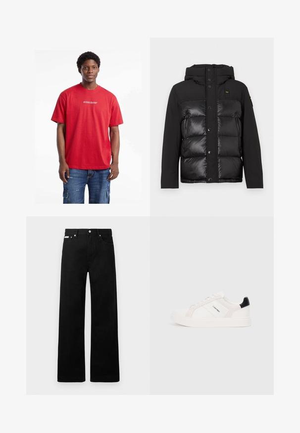 Melna pūkaina jaka ar kapuci, priekšējiem spiedpogām un matētu un spīdīgu tekstūru kombināciju. Iekļaujās ar rāvējslēdzēju sānu kabatu un logo plāksteri.; Sarkana kokvilnas t-kreklu ar īsām piedurknēm un apaļu kakla izgriezumu, ar baltu "GUESS JEANS" logo uz priekšpuses, kombinēta ar džinsu cargo šortiem.; Melni džinsi ar platajiem bikšu dizainu, ar piecām kabatām un metāla pogām. Gluda tekstūra, bez redzamām rakstu detaļām.; Baltās kedas ar gaiši rozā un melniem akcentiem, ar gludu ādu un zamšādas paneļiem, apaļu purngalu un plakanu gumijas zoli.