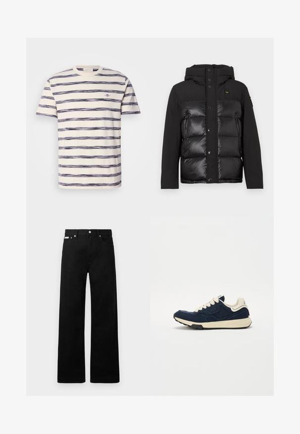 Chaqueta de plumas negra con capucha, botones de presión en el frente y una mezcla de texturas mate y brillantes. Incluye un bolsillo lateral con cremallera y parche con el logo.; Camiseta de manga corta a rayas en color crema con rayas horizontales azules marino desiguales, con un pequeño logo en el pecho. Tejido de algodón suave.; Pantalones de mezclilla negros con un diseño de pierna ancha, que cuentan con cinco bolsillos y herrajes de botón metálico. Textura suave, sin patrones visibles.; Zapatilla de color azul marino con parte superior de ante texturizado, cordones color crema y una suela intermedia color beige. Presenta un diseño atlético clásico y suela de goma.