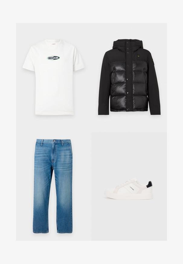 Must devant jacket, mille mustlõhenen, esihovol vähk tühikolade haarnahaga mörders välist. Ühed zipskad külgpuhkuste ja logo plekk.; Valge puuvillane T-särk lühikeste varrukatega ja ümmarguse kaelusega. Keskel on tikitud logo, millel on kirjutatud "GUESS JEANS."; Heledad sinine teksapüksid sirge lõikega, viie taskuga disain, nupuga sulgemine ja õrn pleekimine esiosas. Ilma nähtavate mustriteta.; Valge tossud heleda roosa ja musta aktsendiga, mis sisaldavad sileda naha ja nubukpaneele, ümarat varvust ja lamedat kummitalda.