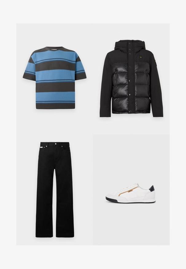 Črna napihnjena jakna z kapuco, sprednjimi gumbi na pritisak ter kombinacijo mat in sijajnih tekstur. Vključuje tudi zadrgo na stranski žep in logotip.; T-maica s kratkimi rokavi iz bombaža z vodoravnimi črtami v odtenkih modre in temno sive. Ima okroglo ovratnico in sproščen kroj.; Črne jeans hlače širokega kroja, z petimi žepi in kovinskimi gumbi. Gladka tekstura, brez vidnih vzorcev.; Bele športne čevlje z mrežnimi in usnjenimi detajli. Opremljeni so z zlatim logotipom "BOSS", teksturiranimi stranskimi paneli in črnim kapcom na peti. Guma podplat.