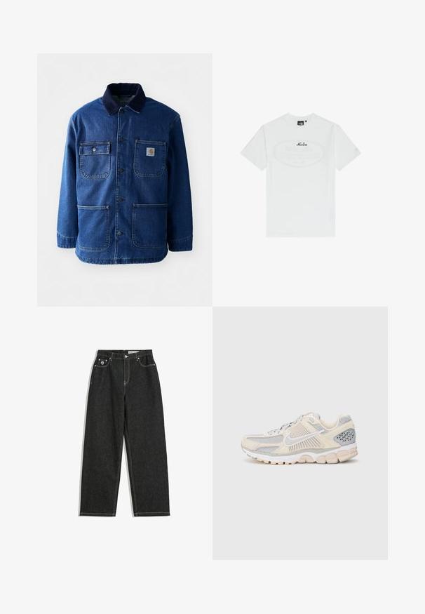 Jeansjacka i mörkblått med en kordflöjelskrage. Har fyra fickor, knäppning fram och en lätt avsmalnande fåll. Hållbart material.; Vit bomullströja med korta ärmar. Har en central oval grafik med texten "New Era" i mörkblått. Enkel, klassisk passform.; Svarta raka jeans med vita sömmar, fem-ficksdesign, knapp- och dragkedjestängning, samt en liten logotyp på den högra framfickan.; Lättvikts löparsko med en beige och grå mesh-överkropp, texturerade överlägg, vit logotyp och en dämpad sula. Accenterad med ventilerande paneler.