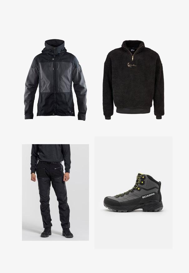 Schwarze Jacke mit einem zweifarbigen Design, das eine dunklere Tasche auf der Vorderseite, eine verstellbare Kapuze und goldfarbene Hardware-Accents aufweist. Weiche Textur.; Schwarzer Fleece-Pullover mit halbem Reißverschluss vorne und hohem Kragen. Mit einem goldenen gestickten Logo und gerippten Bündchen und Saum. Weiche, strukturierte Oberfläche.; Schwarze Outdoor-Hosen aus strapazierfähigem Material, mit mehreren Reißverschluss-Taschen, einer strukturierten Oberfläche und verstärkten Kniebereichen. Getragen mit dunklem Schuhwerk.; Schwarzer und grauer Wanderschuh mit strukturiertem Stoff, leuchtend gelben Akzenten, verstärktem Zehenbereich und Gummisohle mit tiefen Profilen für besseren Halt.