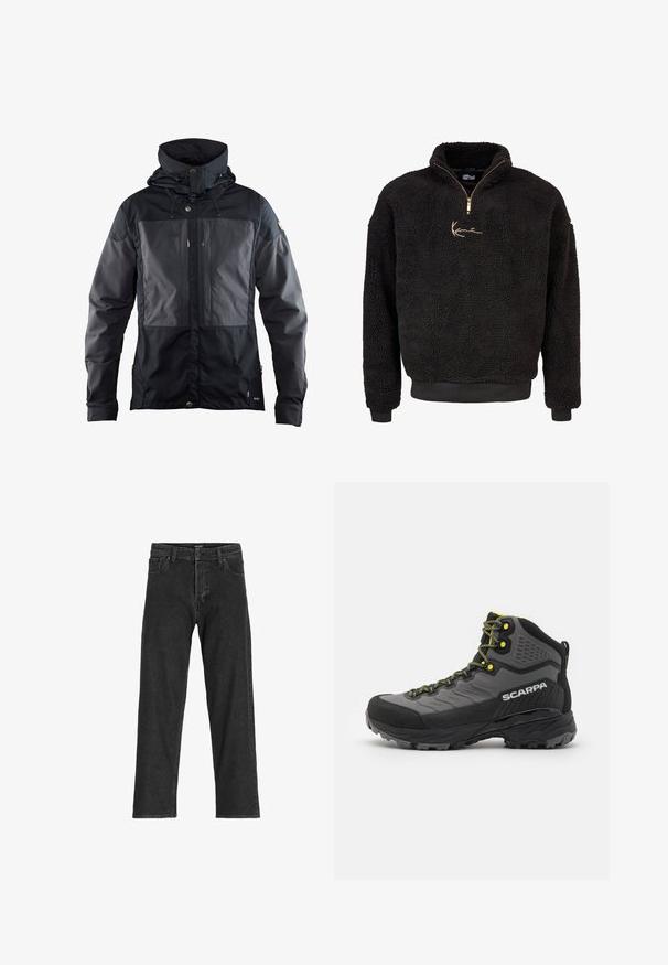 Jachetă neagră cu un design bicromat, având un panou mai închis pe față, glugă ajustabilă și accente hardware aurii. Textură moale.; Pulover din fleece negru cu fermoar pe jumatate în față și guler înalt. Prezintă un logo brodat aurit și manșete și tiv cu nervuri. Finisaj moale, texturat.; Jeans negri din denim cu un design drept, dotate cu fermoar, curea pentru centură și șase buzunare, fabricate dintr-un material robust din bumbac.; Botă de drumeție neagră și gri, cu țesătură texturată, accente strălucitoare de galben, vârf întărit și talpă din cauciuc cu crampoane adânci pentru aderență.