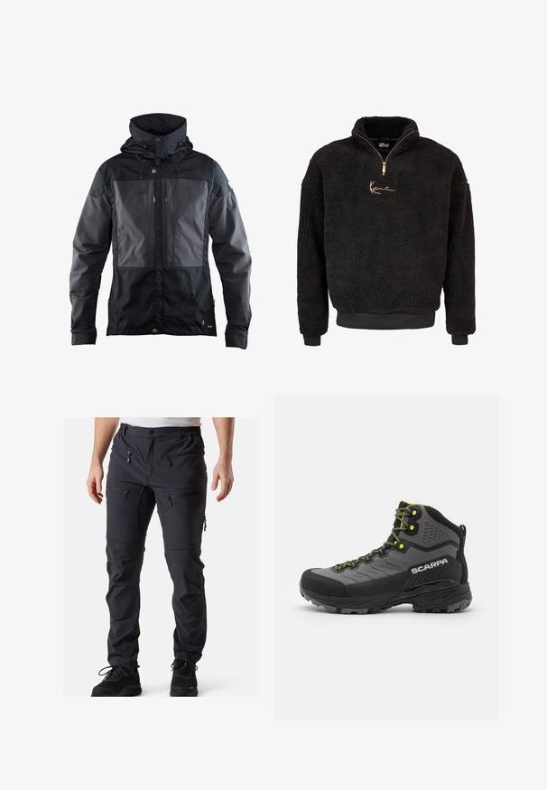 Musta takki, jossa on kaksivärinen muotoilu tummemmalla paneelilla edessä, säädettävä huppu ja kultaväriset yksityiskohdat. Pehmeä tekstuuri.; Mustat fleece-neuleet, joissa on puoliveto ja korkea kaulus. Varustettu kultaisella brodeeratulla logolla sekä ribbattuja hihansuita ja helmaa. Pehmeä, karheapintainen pinta.; Mustat ulkoiluhaalari, joka on valmistettu kevyestä, vettä hylkivästä kankaasta. Varustettu useilla vetoketjullisilla taskuilla ja säädettävällä vyötäröllä.; Musta ja harmaa vaelluskenkä, jossa on teksturoitu kangas, kirkkaat keltaiset yksityiskohdat, vahvistettu kärki ja kumipohja, jossa on syvät urat pidon takaamiseksi.