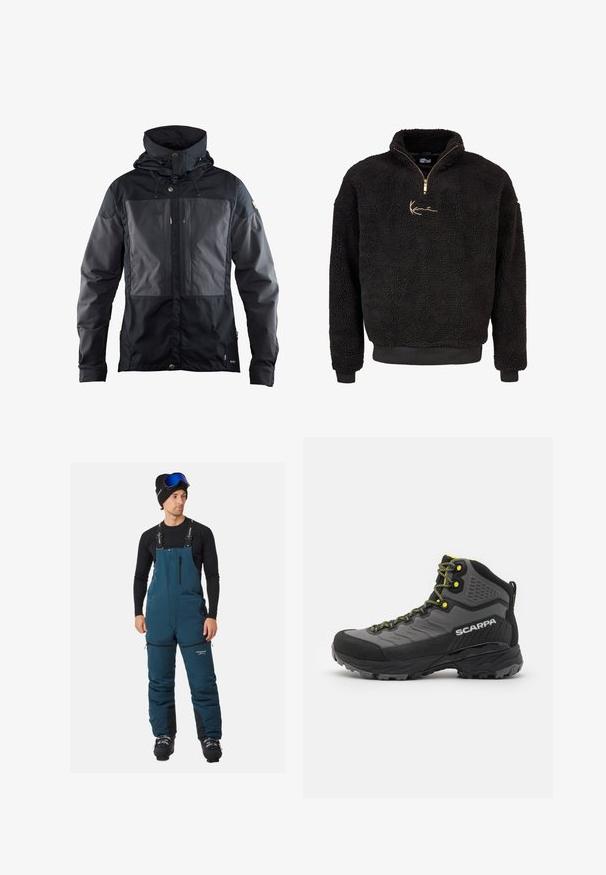 Musta takki, jossa on kaksivärinen muotoilu tummemmalla paneelilla edessä, säädettävä huppu ja kultaväriset yksityiskohdat. Pehmeä tekstuuri.; Mustat fleece-neuleet, joissa on puoliveto ja korkea kaulus. Varustettu kultaisella brodeeratulla logolla sekä ribbattuja hihansuita ja helmaa. Pehmeä, karheapintainen pinta.; Eristetyt siniset hiihtohaalarit, joissa on säädettävät olkaimet, vetoketjulliset taskut ja vahvistetut alahousut kestävyuden ja suojan lisäämiseksi.; Musta ja harmaa vaelluskenkä, jossa on teksturoitu kangas, kirkkaat keltaiset yksityiskohdat, vahvistettu kärki ja kumipohja, jossa on syvät urat pidon takaamiseksi.