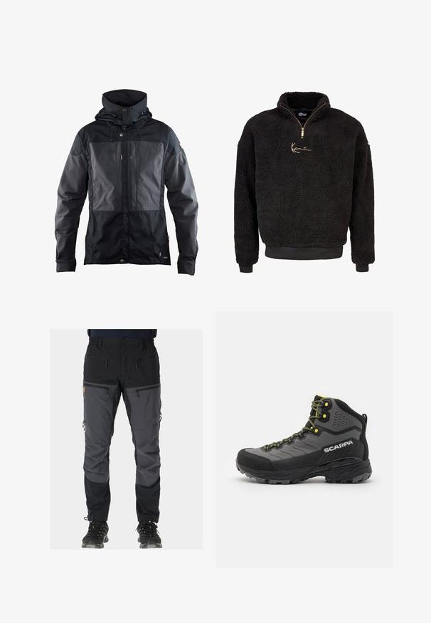 Black jacket featuring a two-tone design with a darker panel on the front, adjustable hood, and gold-tone hardware accents. Soft texture.; Black fleece pullover with a half-zip front and high collar. Features a gold embroidered logo and ribbed cuffs and hem. Soft, textured finish.; Outdoor pants featuring a black and gray color block design, manufactured from durable, lightweight fabric with multiple zippered pockets.; Black and grey hiking boot with textured fabric, bright yellow accents, reinforced toe, and rubber outsole featuring deep treads for traction.