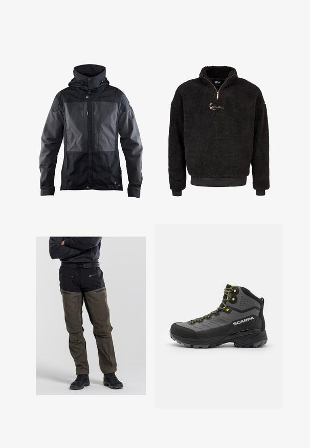 Zwarte jas met een tweekleurig ontwerp, een donkerder paneel aan de voorkant, een verstelbare capuchon en gouden hardwareaccenten. Zachte textuur.; Zwarte fleece pullover met een halve rits aan de voorkant en hoge kraag. Voorzien van een gouden geborduurd logo en ribbelmanchetten en -zoom. Zachte, gestructureerde afwerking.; Heren buitenbroeken in zwart en olijfgroen. Gemaakt van duurzaam materiaal met ritszakken en verstevigde knieën. Inclusief riem.; Zwarte en grijze wandelschoen met textuurstof, heldergele accenten, versterkte neus en rubberen buitenzool met diepe profielen voor grip.