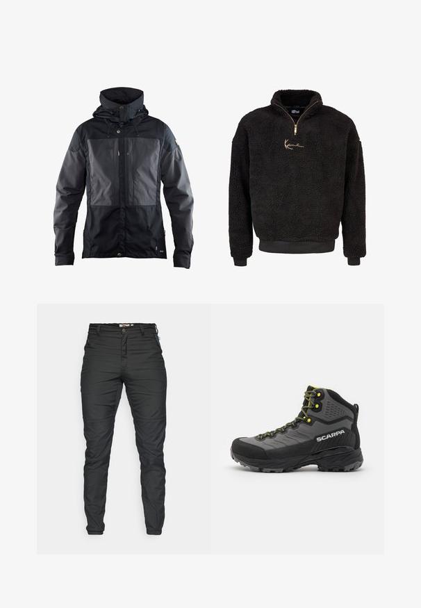 Zwarte jas met een tweekleurig ontwerp, een donkerder paneel aan de voorkant, een verstelbare capuchon en gouden hardwareaccenten. Zachte textuur.; Zwarte fleece pullover met een halve rits aan de voorkant en hoge kraag. Voorzien van een gouden geborduurd logo en ribbelmanchetten en -zoom. Zachte, gestructureerde afwerking.; Zwarte, taps toelopende broek van duurzaam materiaal. Kenmerken zijn onder andere een ritssluiting aan de voorkant, ceintuurlussen en zijzakken met ritsen. Gladde textuur.; Zwarte en grijze wandelschoen met textuurstof, heldergele accenten, versterkte neus en rubberen buitenzool met diepe profielen voor grip.