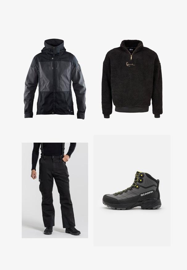Czarna kurtka z dwukolorowym wzorem, z ciemniejszą częścią z przodu, regulowanym kapturem i złotymi akcentami metalowymi. Miękka tekstura.; Czarny polarowy sweter z półzamkiem i wysokim kołnierzem. Posiada złote haftowane logo oraz ściągacze przy mankietach i u dołu. Miękka, teksturowana powierzchnia.; Czarne spodnie narciarskie z regulowanymi szelkami, kieszeniami cargo i wzmocnionymi fragmentami przy kostkach. Wykonane z trwałego, odpornego na warunki atmosferyczne materiału.; Czarno-szare buty trekkingowe z teksturowanej tkaniny, jasnosłonecznymi akcentami, wzmocnionym noskiem i gumową podeszwą z głębokim bieżnikiem zapewniającym przyczepność.