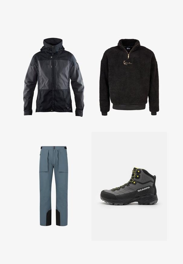 Svart jacka med tvåtonad design och en mörkare panel fram, justerbar huva och detaljer i guldton. Mjuk textur.; Svart fleece-pullover med halvdragkedja fram och hög krage. Funktioner inkluderar en guld broderad logotyp samt ribbade ärmslut och nederkant. Mjuk, texturerad yta.; Vattentåliga, blå-grå byxor med dubbel knappstängning, justerbar midja och svarta förstärkta fållar; har sidofickor och rak passform.; Svart och grå vandringskänga med textilmaterial, ljusgula accenter, förstärkt tå och gummisula med djupa mönster för grepp.