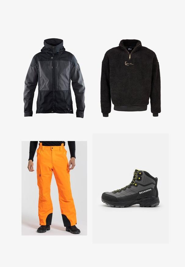 Zwarte jas met een tweekleurig ontwerp, een donkerder paneel aan de voorkant, een verstelbare capuchon en gouden hardwareaccenten. Zachte textuur.; Zwarte fleece pullover met een halve rits aan de voorkant en hoge kraag. Voorzien van een gouden geborduurd logo en ribbelmanchetten en -zoom. Zachte, gestructureerde afwerking.; Oranje waterdichte broek met verstelbare bretels, cargozakken en zwarte accenten bij de broekspijpen. Geschikt voor buitenactiviteiten in koud weer.; Zwarte en grijze wandelschoen met textuurstof, heldergele accenten, versterkte neus en rubberen buitenzool met diepe profielen voor grip.