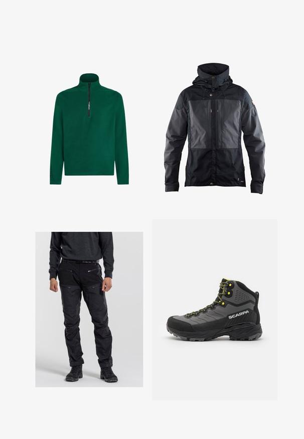 Sort jakke med tofarvet design, hvor forsiden har et mørkere panel, justerbar hætte og hardware-detaljer i guldtonet. Blød tekstur.; Grøn fleece-pullover med høj lynlås-krave. Har en sort lynlås og et sort "Polartec" logo på ærmet. Blød tekstur.; Sorte udendørsbukser lavet af slidstærkt stof, med flere lynlåslommer, en tekstureret overflade og forstærkede knæområder. Båret med mørkt fodtøj.; Sort og grå vandrestøvle med tekstiler, lysende gule detaljer, forstærket tå og gummisål med dybe riller for godt greb.