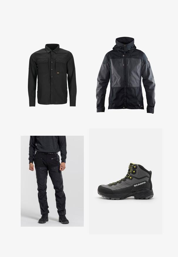 Svart jacka med tvåtonad design och en mörkare panel fram, justerbar huva och detaljer i guldton. Mjuk textur.; Svart långärmad skjorta tillverkad av lätt tyg, med två bröstfickor, knappstängning och ett strukturerat mönster över ytan.; Svarta utomhusbyxor i slitstarkt tyg, med flera fickor med dragkedja, en strukturerad yta och förstärkta knäområden. Bärs med mörka skor.; Svart och grå vandringskänga med textilmaterial, ljusgula accenter, förstärkt tå och gummisula med djupa mönster för grepp.