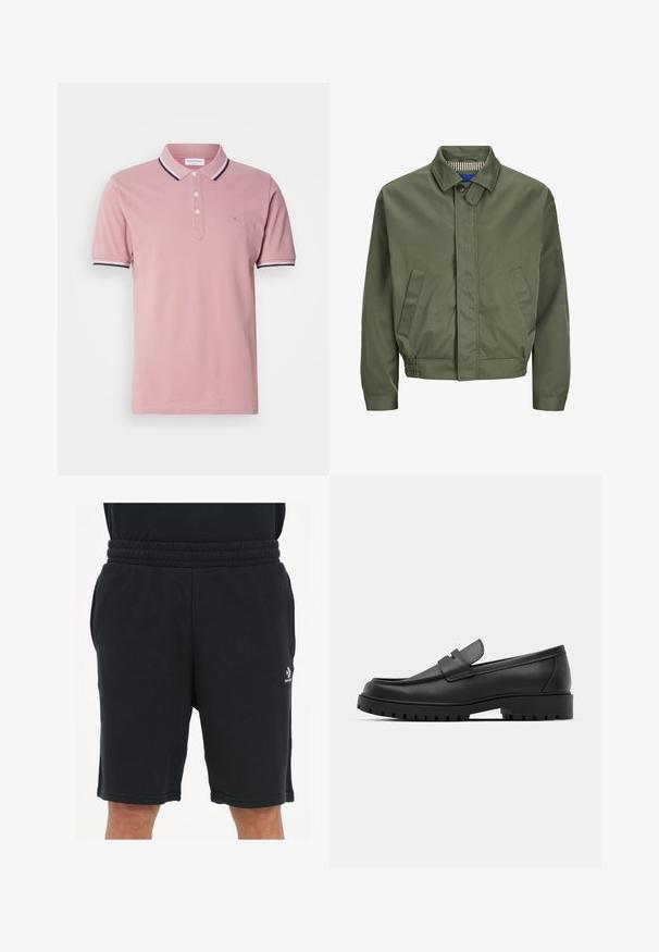 Olíva zöld bomberdzseki gallérral, elöl gombos záródással, két oldalsó zsebbel és elasztikus mandzsettákkal az alján. A bélésen kockás minta található.; Rózsaszín póló ing, két gombos nyakkal, bordázott gallérral, amely tengerészkék és fehér csíkozással díszített, és finoman hímzett logóval a mellkason.; Fekete rövidnadrág, puha anyagból készült, rugalmas derekával, oldalsó zsebekkel és egy kis logóval az alsó lábszáron.; Fekete bőr loafer cipők kerek orral, varrott mintázattal, alacsony platformtalpú és texturált, barázdált gumitalppal.