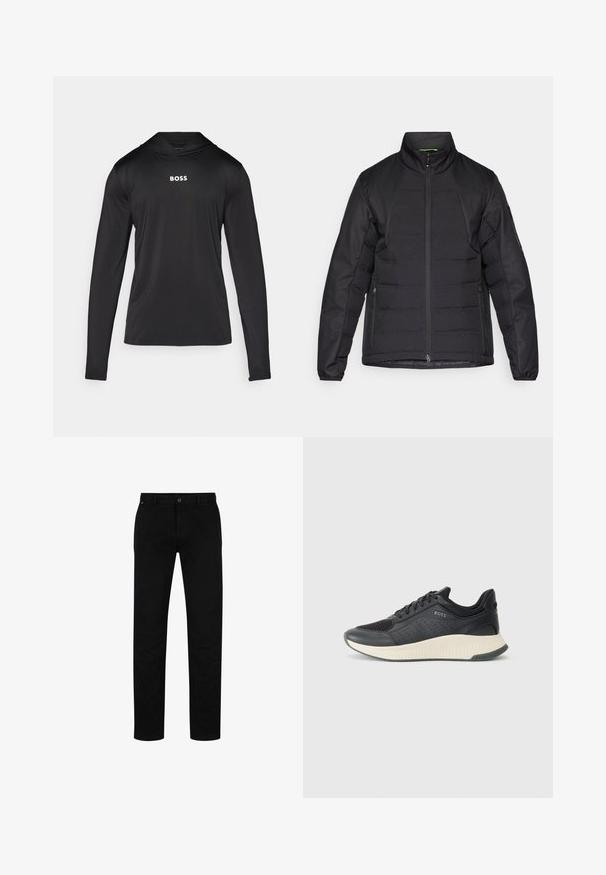 Černá prošívaná bunda s vysokým límcem, předním zipem a bočními kapsami. Vyrobená z hladkého, lehkého materiálu s texturovaným povrchem.; Černá mikina s dlouhým rukávem vyrobená z hladké látky. Obsahuje kapuci se šňůrkou a bílý logo "BOSS" vpředu.; Černé bavlněné kalhoty rovného střihu, s knoflíkovým zapínáním, poutky na pás a minimalistickým designem. Hladká textura, bez vzorů.; Černá sportovní teniska s mřížkovou svrchní částí s perforacemi, texturovanou mezipodešví v krémové barvě a gumovou podešví pro lepší trakci.