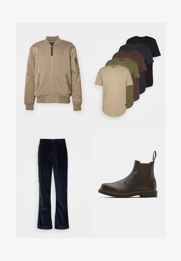 Replay JACKET - Bomberjacke - light mud; Fünf T-Shirts in verlaufenden Farben angeordnet: beige, oliv, braun, dunkelblau und schwarz. Hergestellt aus weicher Baumwolle mit kurzen Ärmeln und Rundhalsausschnitt.; Dunkelblaue Cordhose mit geradem Bein, ausgestattet mit vertikalen Rippungen, Knopfverschluss und frontalen Taschen.; Braune Leder-Chelsea-Boots mit elastischen Seiteneinsätzen, strukturiertem Absatz und kontrastierender gelber Naht. Mit einer Ziehlasche für ein einfaches Anziehen.