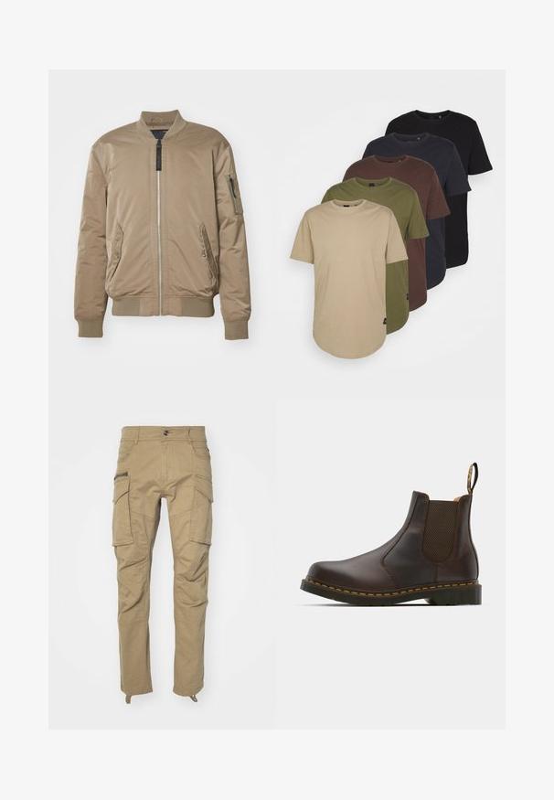 Replay JACKET - Bomber bunda - light mud; Pět triček uspořádaných ve barevném gradientu: béžová, olivově zelená, hnědá, tmavě modrá a černá. Vyrobená z měkké bavlny, s krátkými rukávy a kulatým výstřihem.; Khaki cargo kalhoty s více bočními kapsami, zapínáním na knoflík, zúženými nohavicemi a měkkou, odolnou tkaninou. Zpevněné švy po celém výrobku.; Hnědé kožené Chelsea boty s elastickými bočními panely, texturovaným podpatkem a kontrastním žlutým prošíváním. Mají poutko pro snadné obouvání.