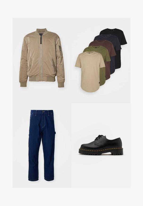 Replay JACKET - Chaquetas bomber - light mud; Cinco camisetas dispuestas en colores degradados: beige, oliva, marrón, azul oscuro y negro. Hechas de suave algodón, con mangas cortas y cuello redondo.; Pantalones de trabajo de mezclilla de pierna recta en azul oscuro con costuras blancas, pasadores para cinturón, bolsillos frontales y un lazo lateral para utensilios sobre un fondo blanco.; Zapato negro de cuero con cordones, punta redondeada, suela de goma texturizada y costuras amarillas alrededor de la base. Diseño plano y acabado suave.