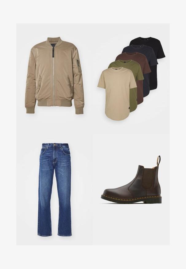 Replay JACKET - Chaquetas bomber - light mud; Cinco camisetas dispuestas en colores degradados: beige, oliva, marrón, azul oscuro y negro. Hechas de suave algodón, con mangas cortas y cuello redondo.; Jeans de denim en azul intermedio, diseño de pierna recta con textura desgastada, que cuenta con pasadores para cinturón, bolsillos frontales y un cierre de botón.; Bota Chelsea de cuero marrón con paneles laterales elásticos, tacón texturizado y costuras amarillas de contraste. Cuenta con una lengüeta para facilitar su puesta.