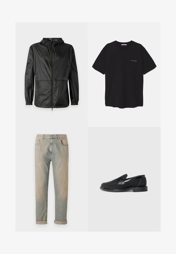 Giacca leggera nera con cappuccio, caratterizzata da una zip frontale completa, polsini elasticizzati e una texture liscia e lucida. Logo stampato sul davanti.; T-shirt in cotone nero con collo rotondo, maniche corte e stampa bianca del logo sul lato sinistro del petto. Design semplice e monocromatico.; Jeans in denim beige con risvolti, design a cinque tasche e una leggera scoloritura. Presentano cuciture lungo le cuciture e una semplice chiusura con bottone.; Scarpa nera a mocassino intrecciata con un accentuato in pelle liscia sulla parte superiore, design a punta rotonda e suola in gomma a profilo basso.