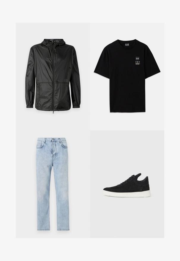 Mustat kevyet takki, jossa on huppu, täysipitkä vetoketju, joustavat hihansuut ja sileä, kiiltävä tekstiili. Logo painettuna eteen.; Musta puuvillapaita lyhyillä hihoilla, pyöreällä kaula-aukolla ja edessä pieni logo, jossa on valkoisia hoito-ikoneita.; Vaalean siniset farkut suoran lahjelinjalla, viidellä taskulla ja näkyvillä ompeilla. Materiaali on pehmeä ja hieman haalistunut.; Mustat mokkasiinikenkiä valkoisella kumipohjalla, jossa on sävy sävyyn ompelu ja nauhakiinnitys. Sujuva pinta ja moderni, virtaviivainen muoto.