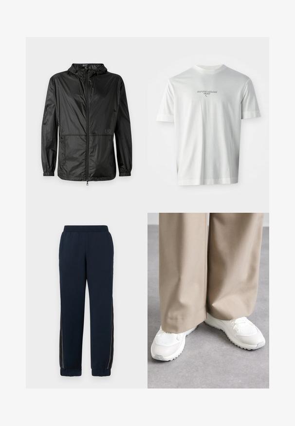 Chaqueta ligera negra con capucha, con cremallera frontal completa, puños elásticos y una textura suave y brillante. Logo impreso en la parte delantera.; Camiseta blanca de manga corta con el logo "EMPORIO ARMANI MILANO" centrado en el pecho en letras sutilmente en relieve.; Pantalones de chándal azul marino con una textura suave, puños ajustados y paneles laterales de malla. Cintura elástica para mayor comodidad y un ajuste casual.; Zapatillas blancas con secciones de malla y lisas, con una suela texturizada, combinadas con pantalones de pierna ancha beige. Cordones y acentos visibles.