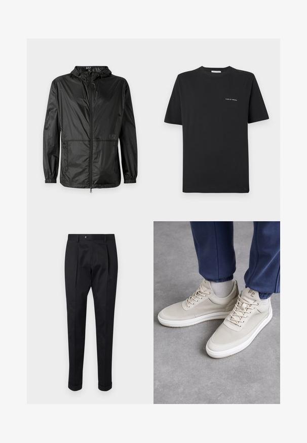 Black lightweight jacket with hood, featuring a full front zipper, elastic cuffs, and a smooth, shiny texture. Logo printed on the front.; Black cotton T-shirt with a crew neckline, short sleeves, and a small white "TIGER OF SWEDEN" logo on the chest. Classic fit.; Black trousers made of a smooth fabric, featuring a fold at the front, a button closure, and rolled cuffs at the ankle.; Beige sneaker with textured material, round toe, laces, and minimalistic design. White sole with light tan detailing. Worn with navy joggers.