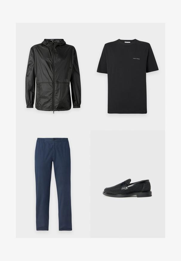 Černá lehká bunda s kapucí, vybavená plným předním zipem, elastickými manžetami a hladkou, lesklou texturou. Na přední straně je vytištěno logo.; Černé bavlněné tričko s kulatým výstřihem, krátkými rukávy a malým bílým logem "TIGER OF SWEDEN" na hrudi. Klasický střih.; Námořnické modré kalhoty s volným střihem, vybavené elastickým pasem, zapínáním na knoflík a hladkým materiálem s minimální texturou.; Černé pletené nazouvací boty s hladkým koženým akcentem na svršku, kulatou špičkou a nízkoprofilovou gumovou podrážkou.