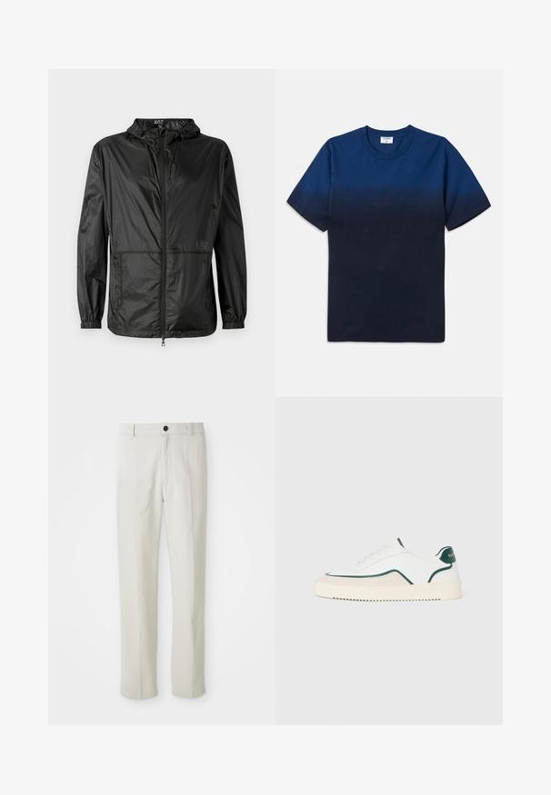 Svart lett jakke med hette, med hel frontglidelås, elastiske mansjetter og en glatt, glitrende tekstur. Logo trykt på forsiden.; Marineblå bomull T-skjorte med rund hals, korte ermer, og et subtilt gradientdesign som går fra lysere til mørkere nyanser.; Beige rette benbukser med bæltestropper, frontknap og lynlås lukning, vist fladt på en hvid baggrund.; Hvite lave sneakers med grønn kant, beige semsket skinn-detaljer, og en kremfarget såle med mønstrete bunn.