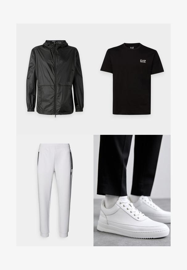 Melns viegls jakas ar kapuci, kas aprīkota ar pilnu priekšējo rāvējslēdzēju, elastīgām piedurknēm un gludu, spīdīgu tekstūru. Uz priekšpuses ir iespiests logo.; Melns kokvilnas T-krekls ar apaļu kakla izgriezumu, īsām piedurknēm un mazu balto EA7 logotipu kreisajā krūtīs. Gluda tekstūra un regulāra piegriezte.; Baltas sporta bikses ar elastīgu jostu, divām sānu kabatām, melnām rāvējslēdzēju akcentiem un ribotām potīšu malām. Viegla tekstūra.; Baltas ādas kedas ar plakanu gumijas zoli, kas piedāvā gludu apdari, apaļu purngalu un metāla caurules šņorēm. Valkātas ar melnām biksēm.