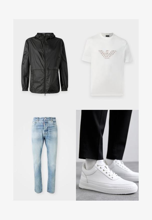 Črna lahka jakna s kapuco, z naravnim zadrgo na sprednji strani, elastičnimi manšetami in gladko, sijočo teksturo. Logotip natisnjen na sprednji strani.; Bela bombažna majica s kratkimi rokavi in okroglo izrezom. Ima osrednji logotip v rožnati in rjavi barvi.; Svijetloplave izblijedjele traperice s kopčanjem na gumb i patentnim zatvaračem, prednjim i stražnjim džepovima, prikazane na jednostavnoj bijeloj pozadini.; Bela usnjena teniska obutev z ravnim gumjastim podplatom, z gladko površino, okroglo kapico in kovinskimi luknjami za vezalke. Nosi se z črnimi hlačami.