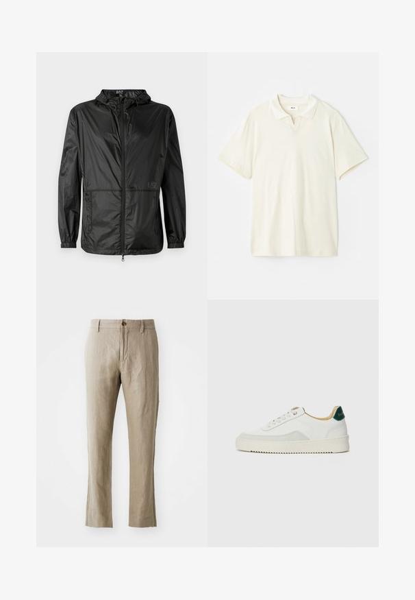 Zwarte lichtgewicht jas met capuchon, voorzien van een volledige rits aan de voorkant, elastische manchetten en een gladde, glanzende textuur. Logo gedrukt op de voorkant.; Crème-kleurige polo met een klassieke kraag, korte mouwen en een lichte v-split bij de halslijn. Soepele textuur en een minimalistisch ontwerp.; Beige linnen broeken met een rechte snit, voorzien van een sluiting met een knoop aan de voorkant en een gladde textuur. Geen zichtbare patronen of accenten.; Witte sneaker met suède accenten, ronde neus, platte veters en een crème rubberen zool. Bevat groene branding op de hiel.