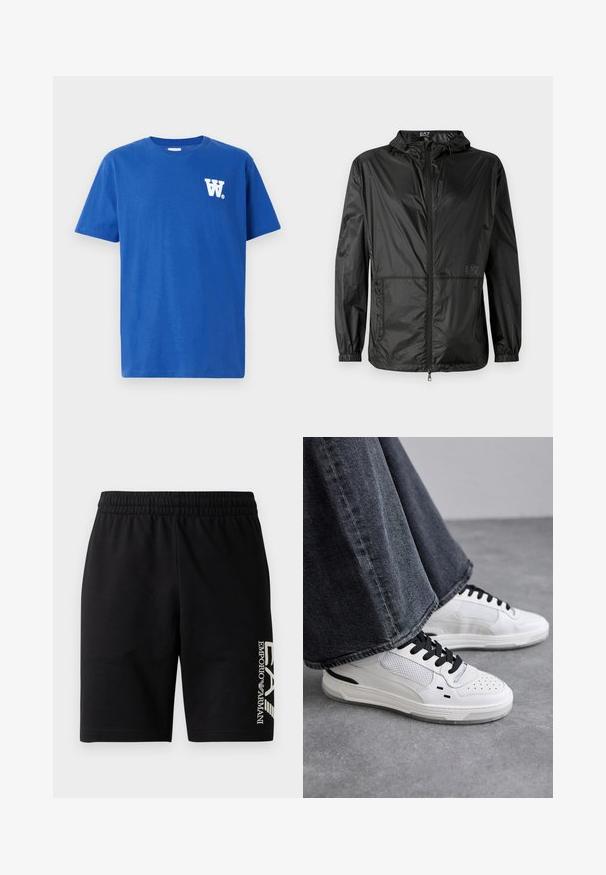 Juodas lengvas džemperis su gobtuvu, su visiškai priekyje užtraukiamu užtrauktuku, elastingomis rankogaliais ir lygiu, blizgiu paviršiumi. Ant priekio spausdintas logotipas.; Mėlynas medvilnės marškinėliai su apvalia iškirpte, trumpomis rankovėmis ir baltu logotipu kairiajame krūtinės šone. Minkšta tekstūra ir standartinė forma.; EA7 Emporio Armani TRAIN VISIBILITY - Šortai - black/cream; Balsuoti baltieji sportbačiai su juodomis raištelėmis ir tinklo detalėmis. Turintys lygią odinę viršutinę dalį ir tekstūruotą gumos padą. Su plačiais pilkais džinsais.