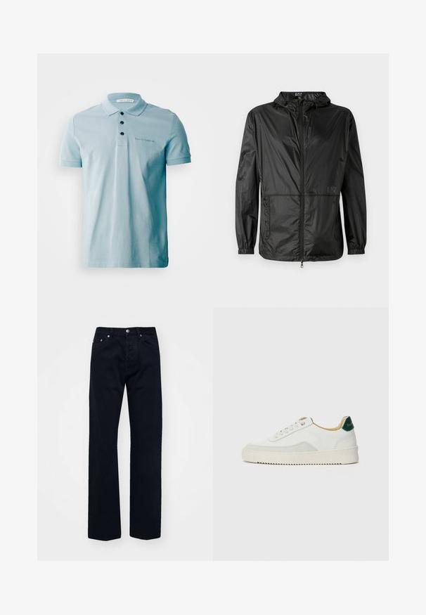 Črna lahka jakna s kapuco, z naravnim zadrgo na sprednji strani, elastičnimi manšetami in gladko, sijočo teksturo. Logotip natisnjen na sprednji strani.; Svetlo modra polo majica z mehkim bombažnim materialom, tremi črnimi gumbi in izvezenim logotipom na prsih. Kratke rokave in klasičen ovratnik.; Črne jeans hlače naravnega kroja s ravnim nogavico, z gumbom in zadrgo, petimi žepi ter tonirano šivanko.; Bela trenerka z zaključki iz semiša, okroglo konico, ravne vezalke in kremna gumijasta podplata. Ima zeleno blagovno znamko na peti.