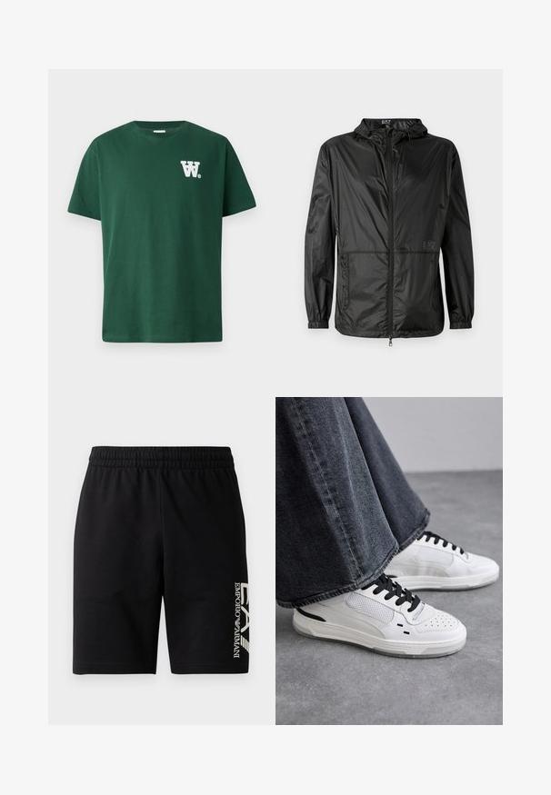 Chaqueta ligera negra con capucha, con cremallera frontal completa, puños elásticos y una textura suave y brillante. Logo impreso en la parte delantera.; Camiseta de algodón verde con cuello redondo y mangas cortas, con un logotipo blanco de "W" en el lado izquierdo del pecho. Diseño liso, sin patrones.; EA7 Emporio Armani TRAIN VISIBILITY - Shorts - black/cream; Zapatillas blancas con cordones negros y detalles de malla. Presenta un upper de cuero liso y una suela de goma texturizada. Combinadas con unos vaqueros de pierna ancha en gris.