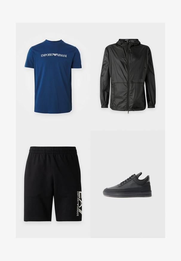 Casaco leve preto com capuz, apresentando um fecho frontal completo, punhos elásticos e uma textura lisa e brilhante. Logotipo impresso na frente.; T-shirt de algodão azul-marinho com decote arredondado, apresentando o logótipo "EMPORIO ARMANI" em branco ao longo do peito. Mangas curtas, corte regular.; EA7 Emporio Armani TRAIN VISIBILITY - Calções - black/cream; Sapatilhas de couro preto com uma superfície texturizada, design de atacadores, cano baixo, e uma sola de borracha cinza com uma borda estriada.