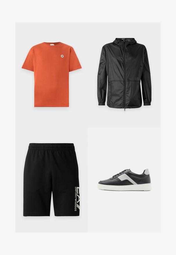 Melns viegls jakas ar kapuci, kas aprīkota ar pilnu priekšējo rāvējslēdzēju, elastīgām piedurknēm un gludu, spīdīgu tekstūru. Uz priekšpuses ir iespiests logo.; Kokvilnas T-krekls piesātinātā oranžā krāsā, standarta piegriezums, apaļa kakla izgriezums, īsām piedurknēm, ar mazu baltu apli uz krūtīm.; EA7 Emporio Armani TRAIN VISIBILITY  - Šorti - black/cream; Melnas ādas sporta apavi ar pelēkiem akcentiem, balta gumijas zole, noapaļota purngalu daļa un sešas melnas acis šņorēm. Strukturēts sānu paneļa detalizējums.