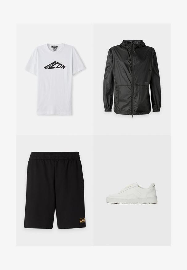 Svart lett jakke med hette, med hel frontglidelås, elastiske mansjetter og en glatt, glitrende tekstur. Logo trykt på forsiden.; Hvit bomulls t-skjorte med korte ermer og rund hals. Har en svart grafisk logo, "DSQUARED2 CDN," over brystet.; Sorte treningsshorts laget av mykt stoff, med elastisk midje og en liten gul EA7-logo nederst på venstre ben.; Hvite lærersneakers med en jevn overflate, rund tå, flate lisser og en teksturert såle. Har en subtil logo på hælen.